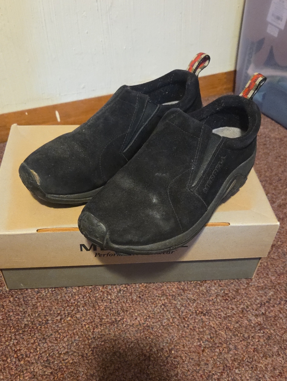 Merrell Black Suede Slip-On Loafers with Pull Tabs